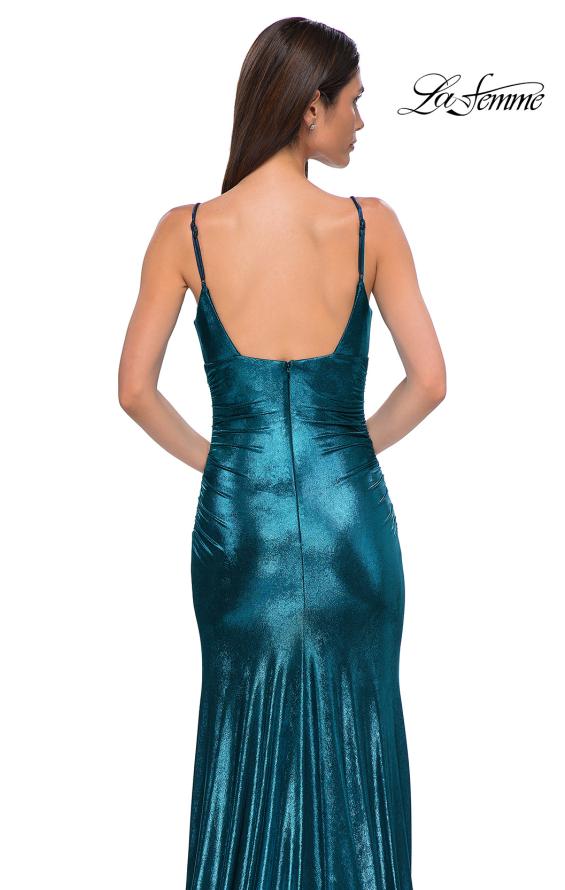 Picture of: Brushed Metallic Jersey Simple Prom Dress with Ruching in Dark Teal, Style 32812, Detail Picture 12