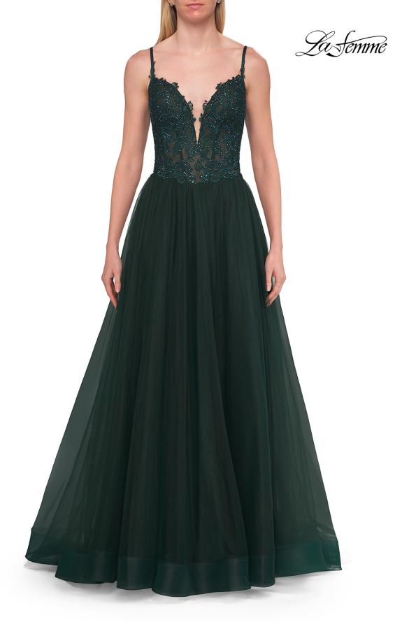 Picture of: Rhinestone Lace A-Line Gown with Sheer Bodice and Slit in Dark Teal, Style: 33674, Detail Picture 12