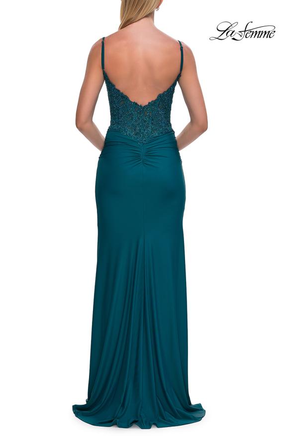 Blue Picture of: Rhinestone Lace Bodice Jersey Gown with Slit and Low Back in Dark Teal, Style: 33439, Detail Picture 13