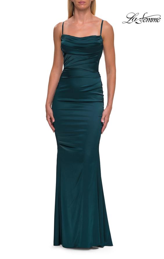 Picture of: Straight Neck Satin Gown with Lace-Up Back in Dark Teal, Style: 33604, Detail Picture 13