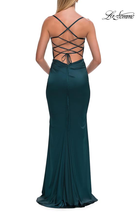 Picture of: Straight Neck Satin Gown with Lace-Up Back in Dark Teal, Style: 33604, Detail Picture 14