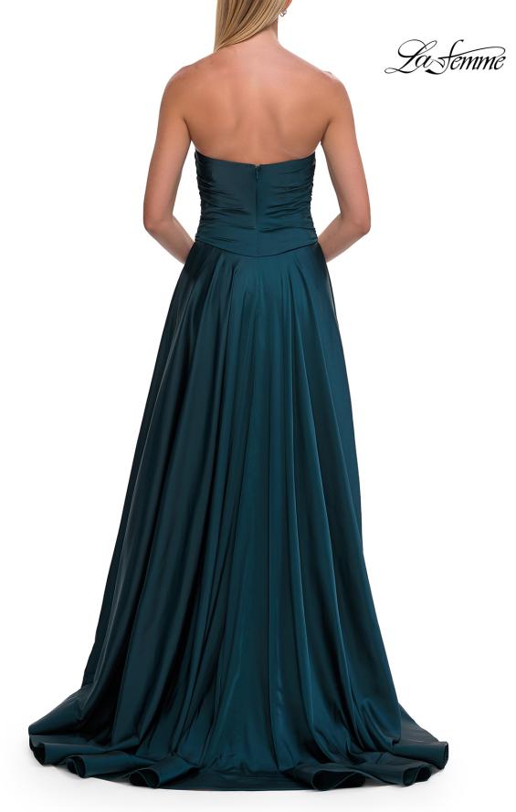 Blue Picture of: Strapless Satin A-Line Gown with Draped Bodice and High Slit in Dark Teal, Style: 33417, Detail Picture 19