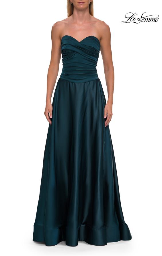 Blue Picture of: Strapless Satin A-Line Gown with Draped Bodice and High Slit in Dark Teal, Style: 33417, Detail Picture 20