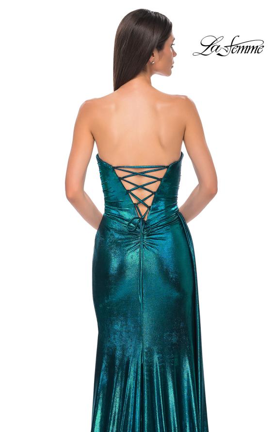 Picture of: Strapless Chic Metallic Jersey Dress with Draped Slit in Dark Teal, Style 32830, Detail Picture 23