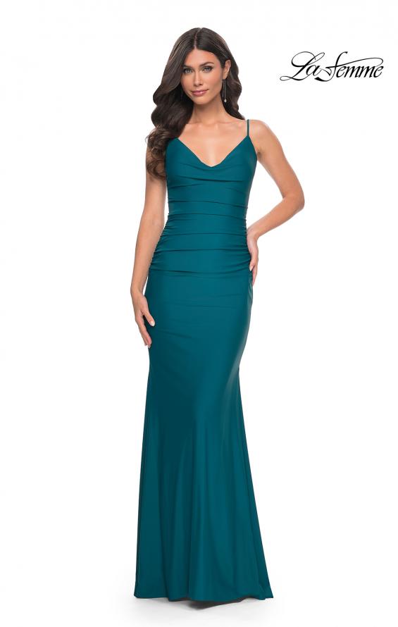 Picture of: Illusion Back with Boning Detail on Jersey Prom Dress in Blue, Style: 32153, Detail Picture 1