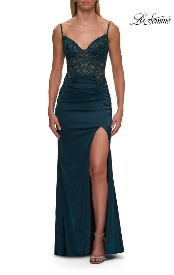 Picture of: Rhinestone Sheer Lace Bodice Prom Dress with High Slit in Dark Teal, Style: 33624, Detail Picture 3