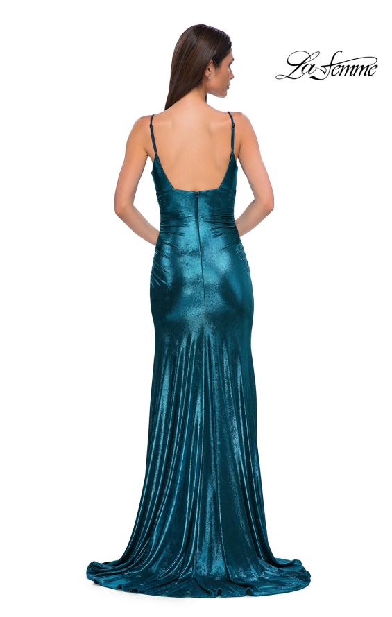 Picture of: Brushed Metallic Jersey Simple Prom Dress with Ruching in Dark Teal, Style 32812, Detail Picture 6