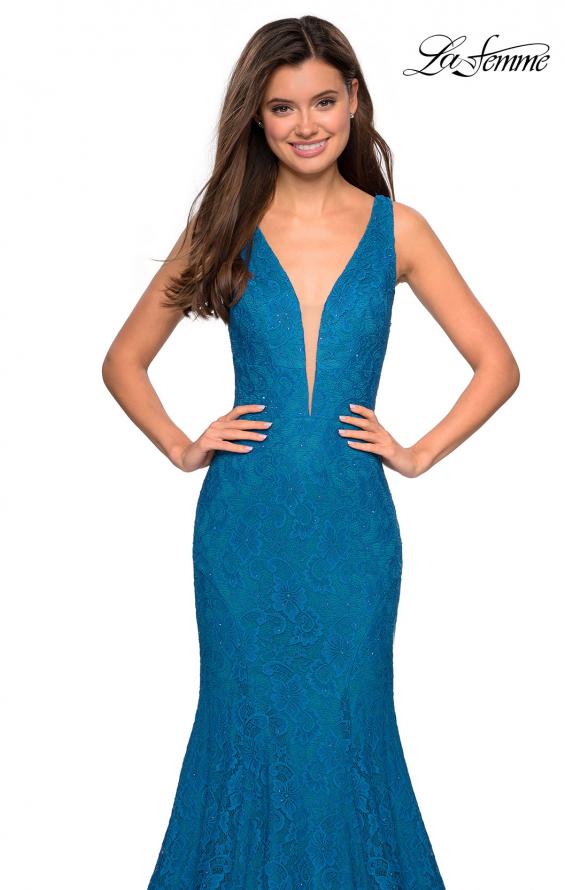 Picture of: Stretch Lace Prom Dress with Plunging Neckline in Dark Turquoise, Style: 27464, Detail Picture 9