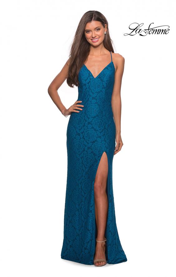 Picture of: Form Fitting Lace Dress with V Neckline and Slit in Dark Turquoise, Style: 27614, Detail Picture 3