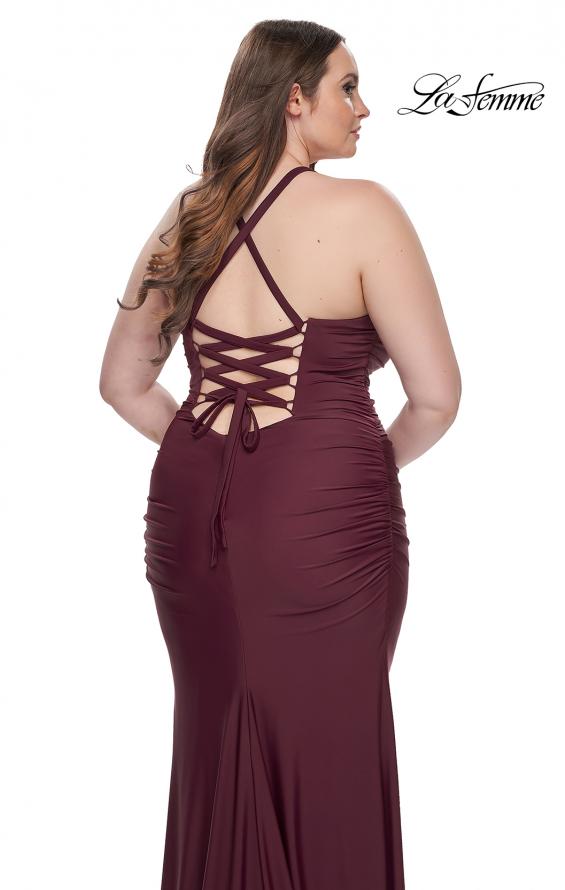 Picture of: Ruched Jersey Plus Dress with Lace Up Back in Dark Wine, Style: 32195, Detail Picture 8