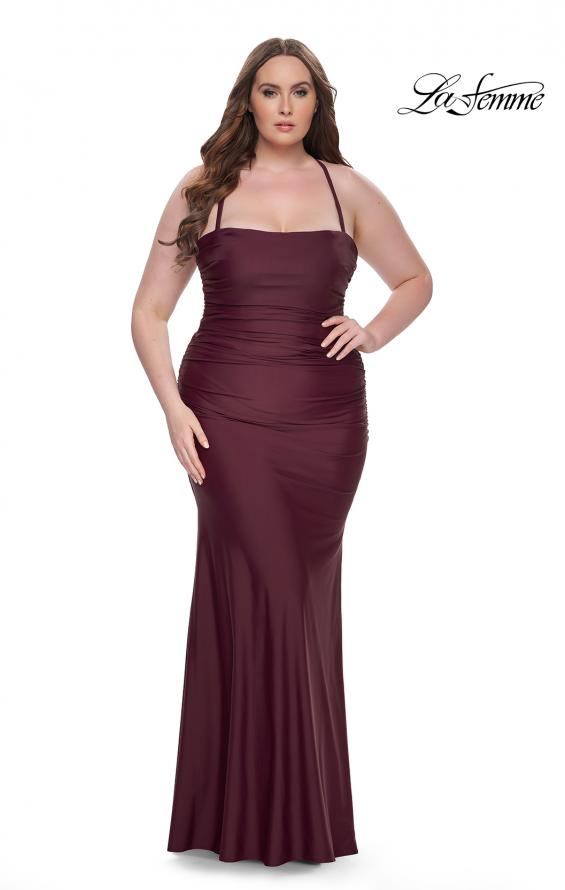 Picture of: Ruched Jersey Plus Dress with Lace Up Back in Dark Wine, Style: 32195, Detail Picture 1