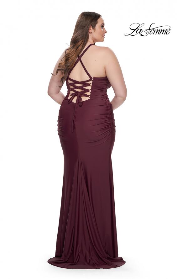 Picture of: Ruched Jersey Plus Dress with Lace Up Back in Dark Wine, Style: 32195, Detail Picture 2