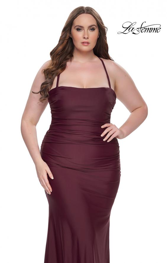 Picture of: Ruched Jersey Plus Dress with Lace Up Back in Dark Wine, Style: 32195, Detail Picture 7