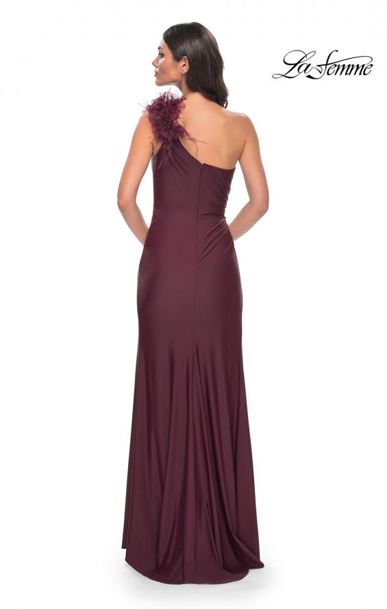 Picture of: One Shoulder Jersey Gown with Feather Detail in Red, Style: 32076, Detail Picture 8
