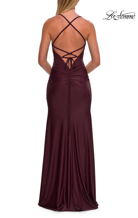 Picture of: Ruched Sweetheart Gown with Slit and Lace-Up Back in Dark Wine, Style: 33361, Detail Picture 17