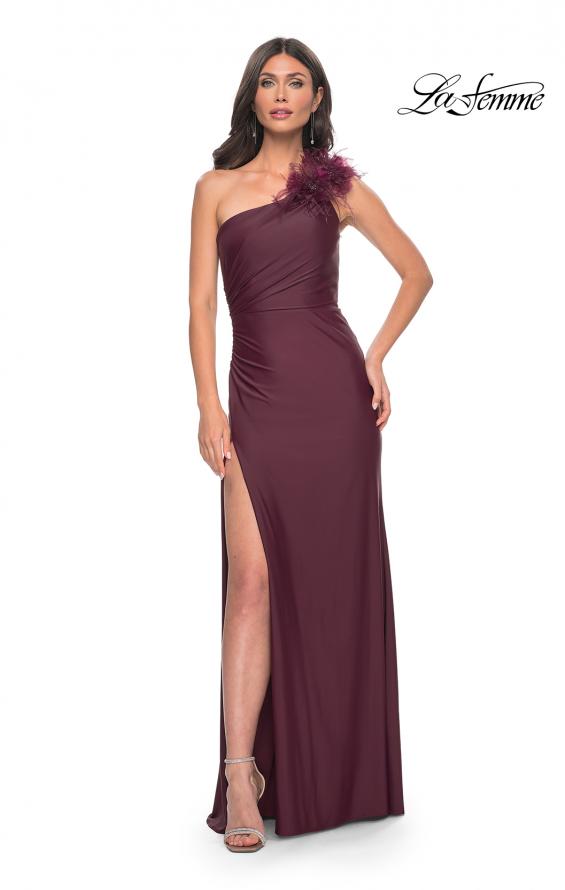 Picture of: One Shoulder Jersey Gown with Feather Detail in Red, Style: 32076, Detail Picture 1