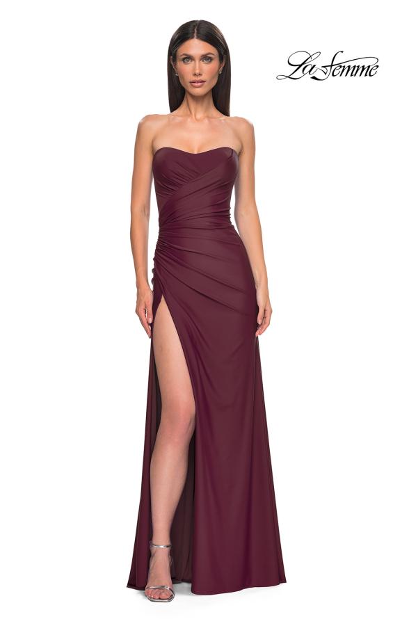 Picture of: Strapless Prom Dress with Side Ruching and Lace Up Back in Dark Wine, Style 33012, Detail Picture 2