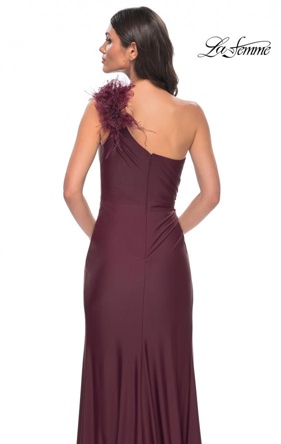 Picture of: One Shoulder Jersey Gown with Feather Detail in Red, Style: 32076, Detail Picture 7