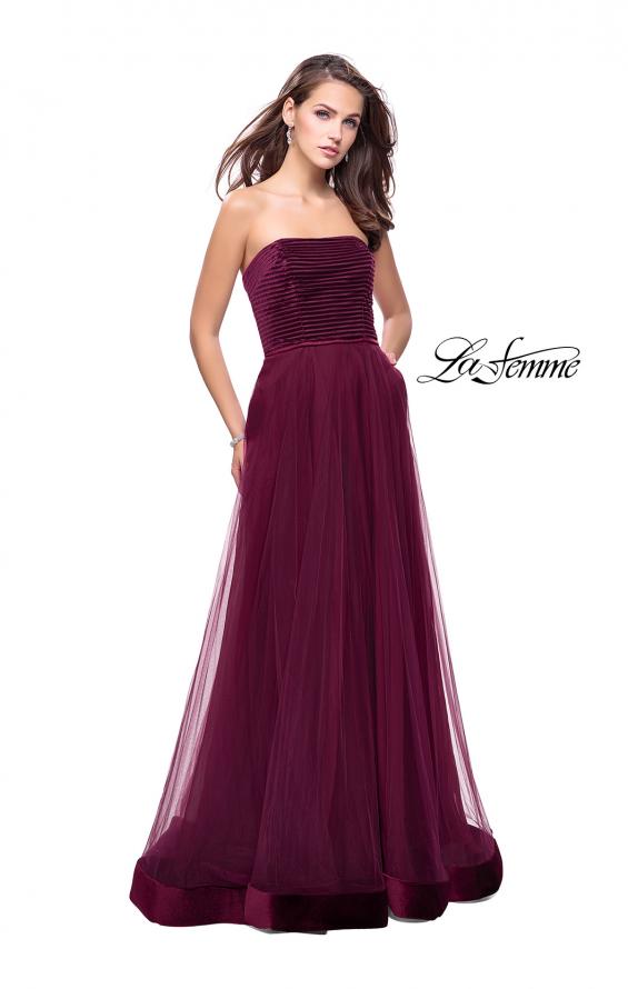 Picture of: Long Strapless Prom Dress with Velvet Bodice Detail in Burgundy, Style: 25408, Detail Picture 1
