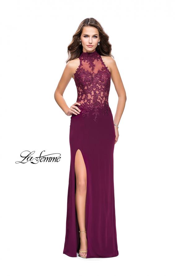 Picture of: Sheer Lace and Beaded Prom Dress with High Neck in Burgundy, Style: 26038, Detail Picture 1