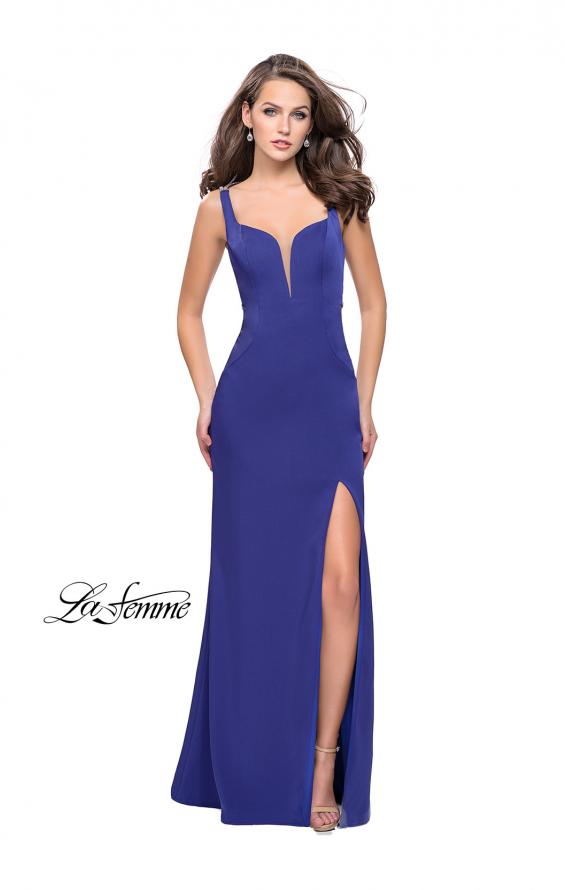 Picture of: Long Jersey Prom Dress with Metallic Beading and Slit in Dark Periwinkle, Style: 25623, Main Picture
