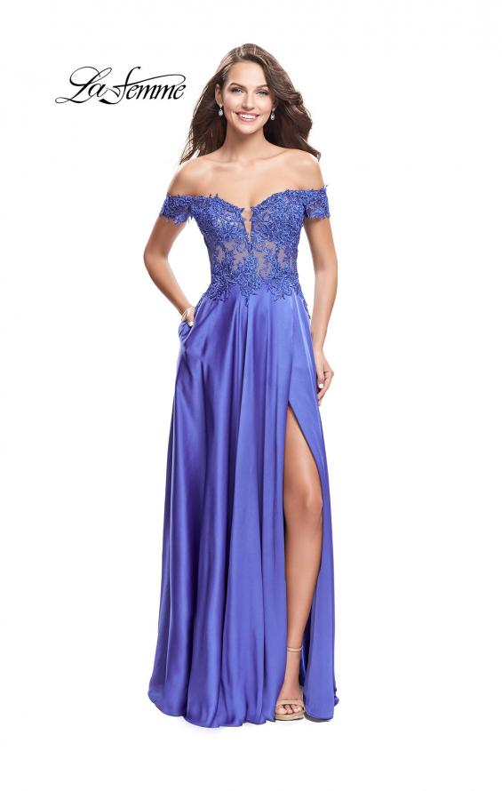 Picture of: A-line Off the Shoulder Satin Dress with Beaded Lace Bodice in Dark Periwinkle, Style: 25694, Main Picture