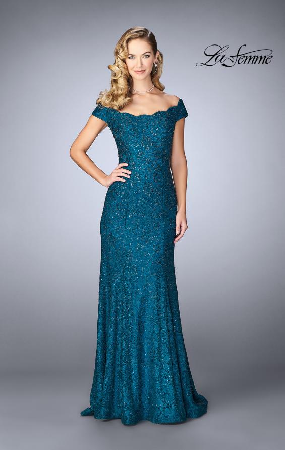 Picture of: Scalloped Off the Shoulder Lace Gown with Flare Skirt in Dark Teal, Style: 24928, Main Picture