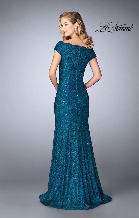 Picture of: Scalloped Off the Shoulder Lace Gown with Flare Skirt in Dark Teal, Style: 24928, Back Picture