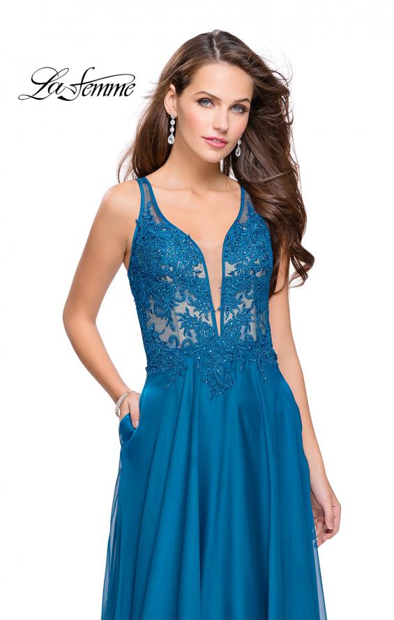Picture of: Chiffon A-line Dress with Beaded Lace Bodice in Dark Teal, Style: 26082, Main Picture
