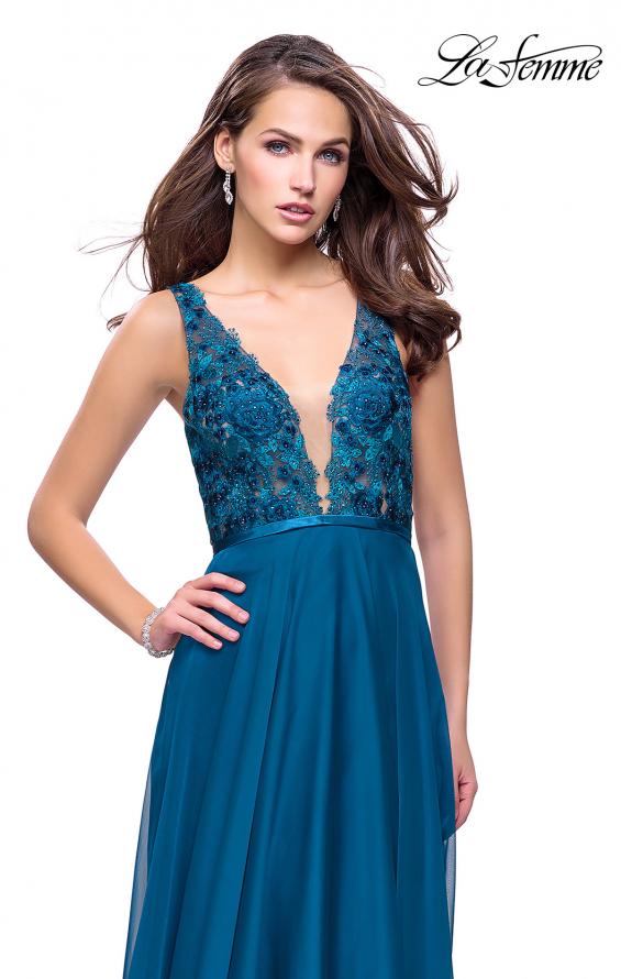 Picture of: A-line Prom Gown with Chiffon Skirt and Lace in Dark Teal, Style: 26061, Detail Picture 1