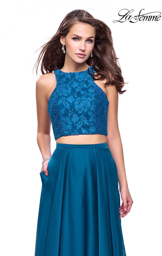 Picture of: Two Piece Prom Gown with Beaded lace Top and Pockets in Dark Teal, Style: 26087, Detail Picture 1