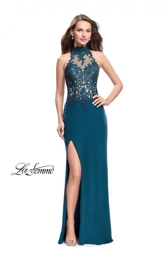 Picture of: Sheer Lace and Beaded Prom Dress with High Neck in Dark Teal, Style: 26038, Detail Picture 2