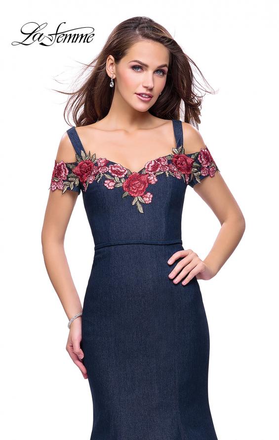 Picture of: Denim Off the Shoulder Dress with Floral Applique in Dark Wash, Style: 25753, Main Picture