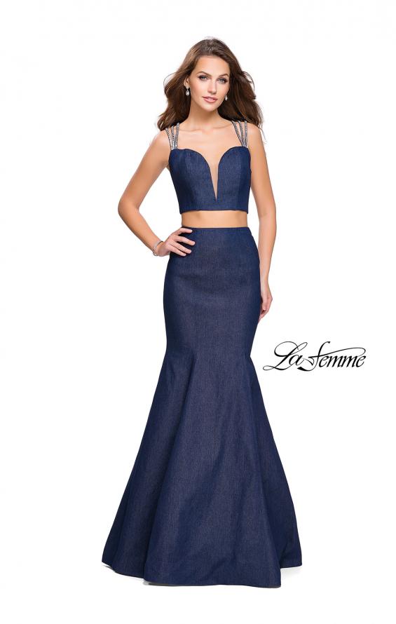 Picture of: Two Piece Denim Prom Dress with Beaded Straps in Dark Wash, Style: 25754, Main Picture