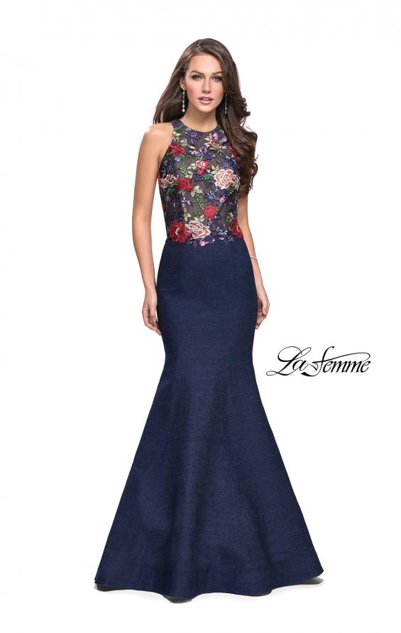 Picture of: High Neck Denim Mermaid Gown with Floral Print in Dark Wash, Style: 25885, Main Picture