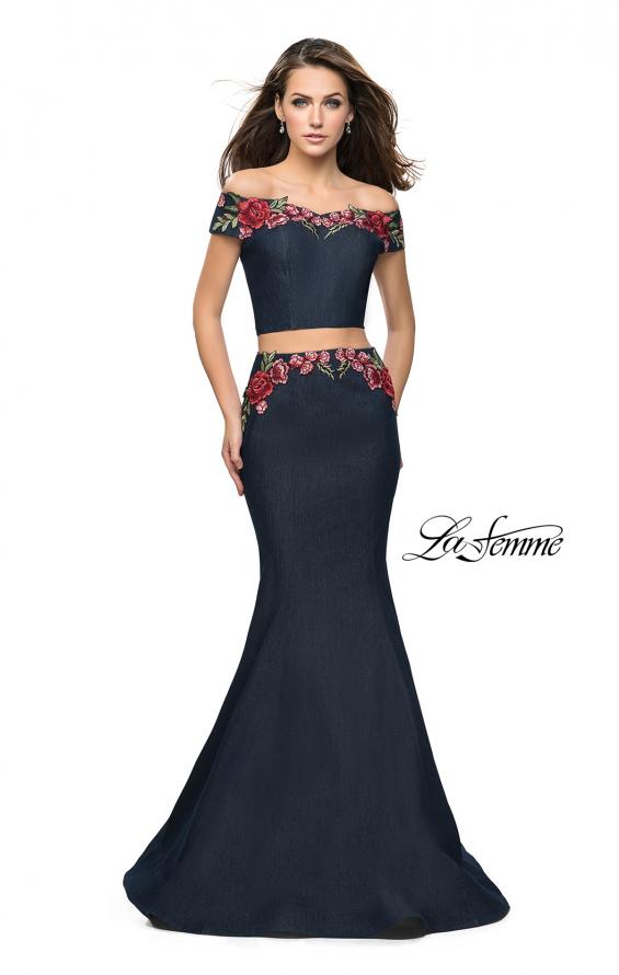 Picture of: Denim Off the Shoulder Floral Two Piece Prom Dress in Dark Wash, Style: 25924, Main Picture