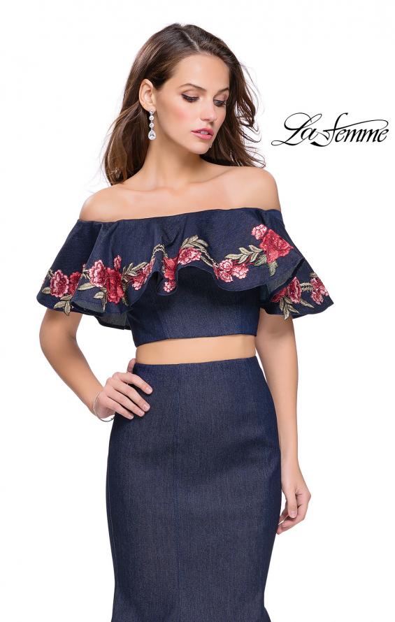 Picture of: Two Piece Denim Dress with Floral and Ruffle Detail in Dark Wash, Style: 26013, Detail Picture 1
