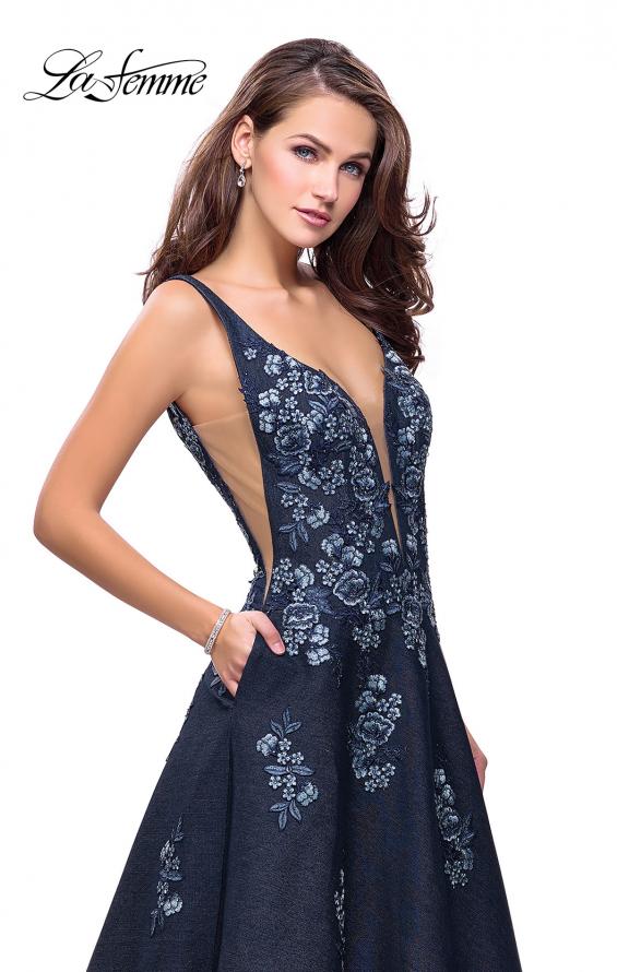 Picture of: Denim A-line Ball Gown with Floral Embellishments in Dark Wash, Style: 26265, Detail Picture 1