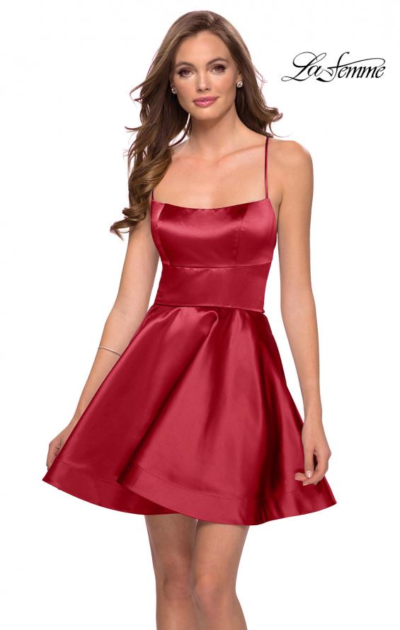 Picture of: Satin Fit and Flare Short Dress with Lace Up Open Back in Deep Red, Style: 29342, Detail Picture 1