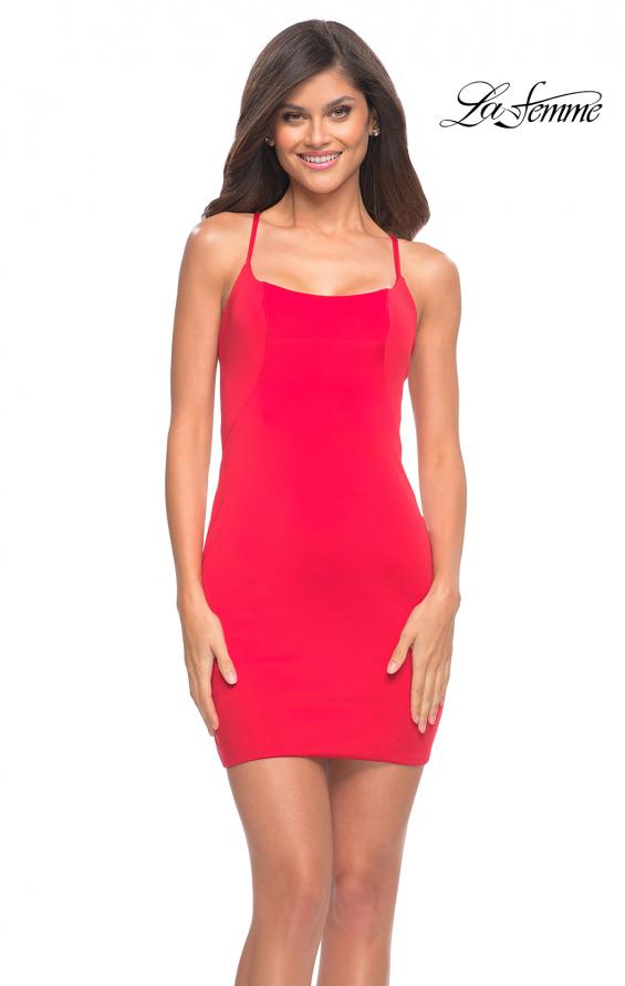 Picture of: Chic Short Jersey Dress with Open Criss-Cross Straps in Deep Red, Detail Picture 1