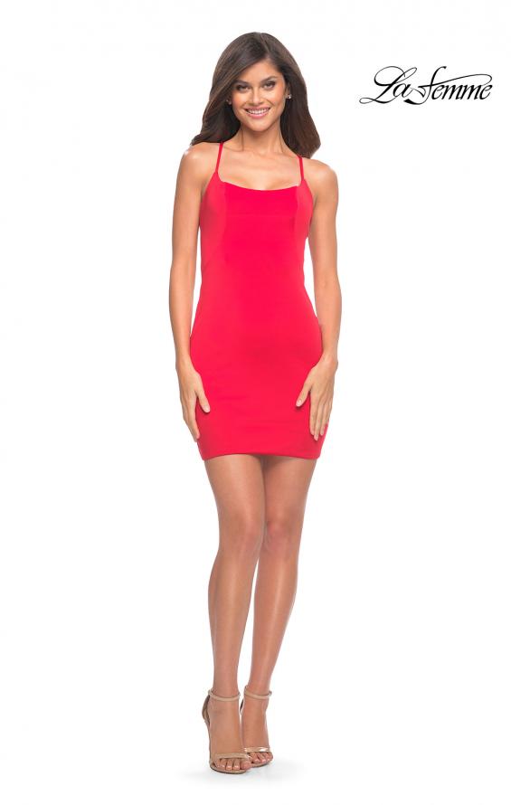 Picture of: Chic Short Jersey Dress with Open Criss-Cross Straps in Deep Red, Detail Picture 5