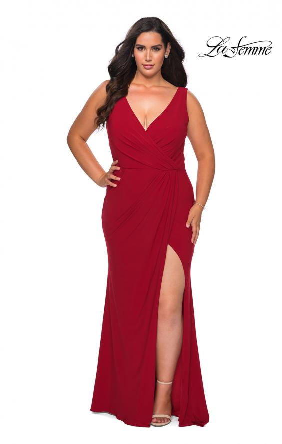 Picture of: Jersey Plus Size Prom Dress with V-Neckline and Slit in Deep Red, Style: 28882, Detail Picture 2