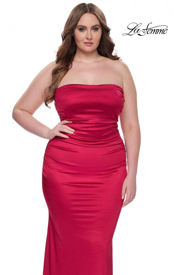 Picture of: Strapless Satin Plus Size Dress with Ruching in Deep Red, Style: 32194, Detail Picture 7