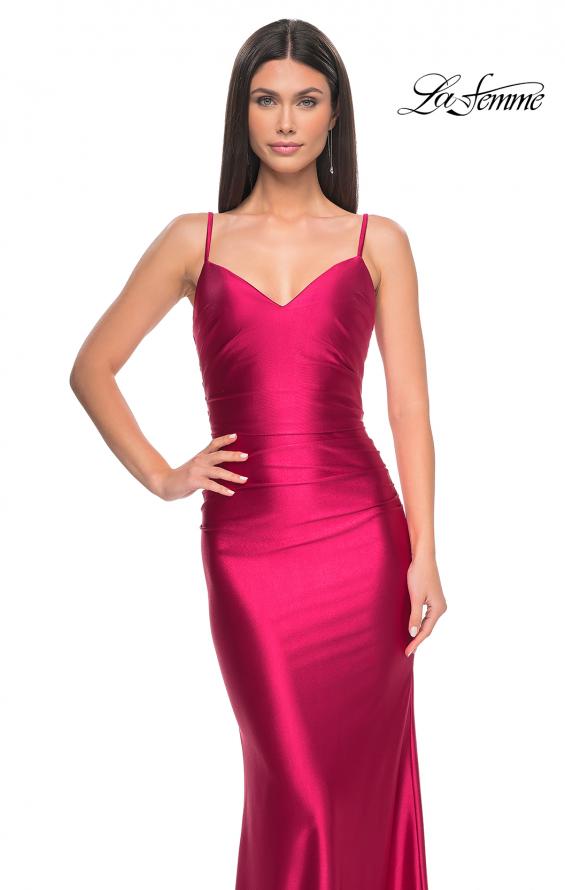 Picture of: Chic Stretch Satin Gown with V Neckline and Ruching in Deep Red, Style: 32075, Detail Picture 10