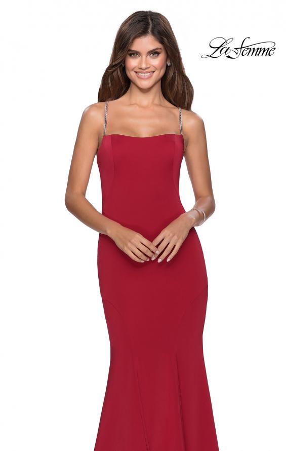 Picture of: Long Jersey Prom Dress with Beaded Strappy Back in Deep Red, Style: 28526, Back Picture