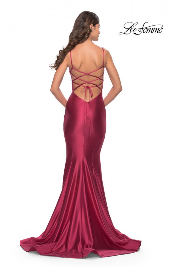 Picture of: Liquid Jersey Mermaid Gown with Lace Up Back in Deep Red, Style: 31295, Back Picture