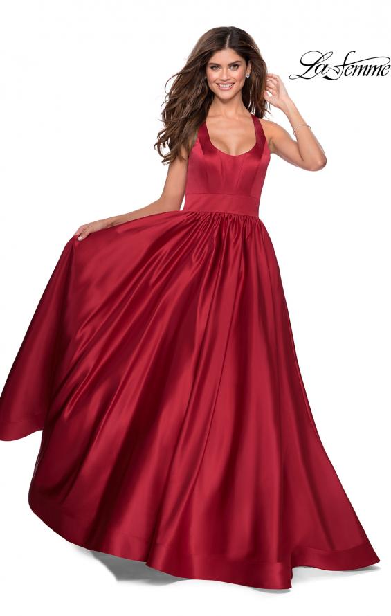 Picture of: Satin Ball Gown with Criss Cross Back and Pockets in Deep Red, Style: 28281, Detail Picture 2