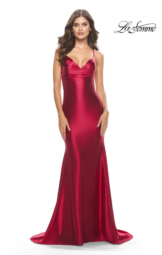 Picture of: Liquid Jersey Trumpet Gown with Draped Neckline in Deep Red, Style: 31397, Detail Picture 2