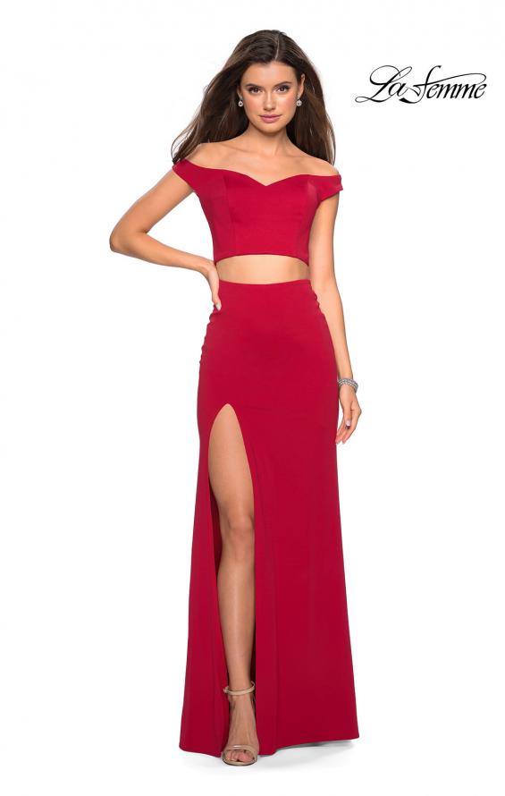 Picture of: Faux Two Piece Long Off the Shoulder Prom Dress in Deep Red, Style: 27496, Detail Picture 3