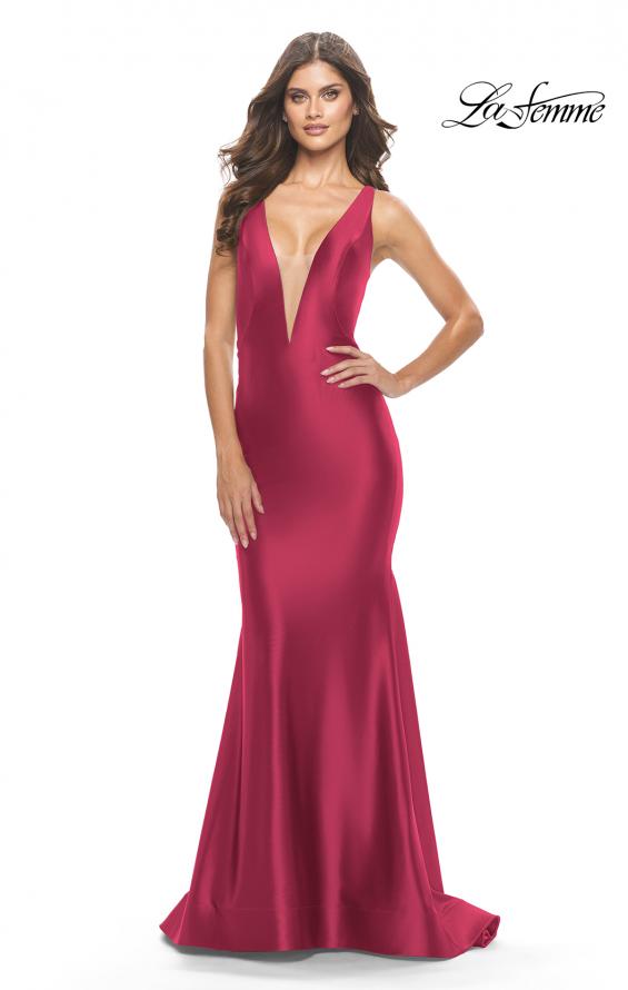 Picture of: Trumpet Liquid Jersey Dress with Deep V Mesh Neckline in Deep Red, Style: 31377, Style: 31377